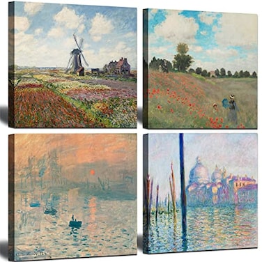 msspart Impression Paintings by Claude Monet Art Reproduction Giclee Canvas Wall Art Prints for Dining Room Bedroom Kitchen Bathroom Wall Decor 4 Piece 12x12