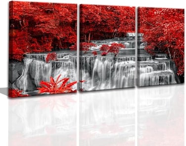 Yxbhhym Black White and Red Waterfall Canvas Wall Art Trees Forest Painting Landscape Artwork for Wall Picture Waterfall Prints for Bedroom Living Room Decor Bathroom Wall ArtFramed