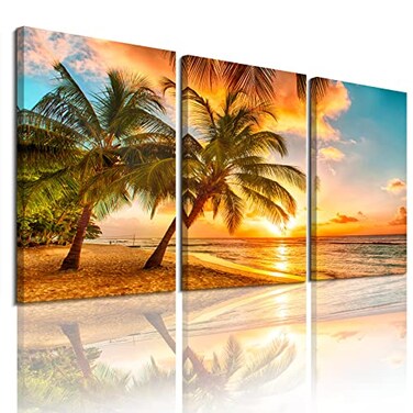 EPHANY Golden Seascape Ocean Beach Wall Art Cozy Sea Artwork Modern Ocean Sunset Sea Beach Canvas Prints Pictures Paintings on Canvas Wall Art for Home Decor 5 Panels Gallery Wrapped Tropical Scenery