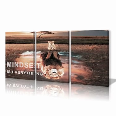 BWSPACE Mindset Is Everything Wall Art Lion Motivational Canvas Wall Art Posters Prints 3 Pieces Inspirational Quote Painting for Office Bedroom Decor
