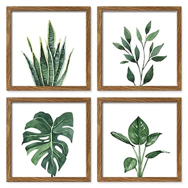 ArtbyHannah Framed Bathroom Wall Art Decor 10x10 Inch 4 Pack Botanical Gallery Wall Frame Set Modern Farmhouse Sage Green Prints Artwork for Spa Restroom Bedroom Office Decoration Walnut