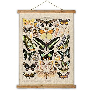 ABoby Vintage Butterflies Hanging Poster Retro Style of Wall Art Prints Printed on Linen with Wood Frames Ready to Hang
