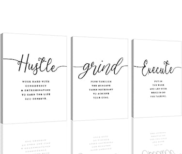 EPHANY Framed Canvas Wall Art Grind Hustle Quote Poster Office Wall Art Positive Motivational Set of 3 Prints Hustle prints Execute Inspirational Wall Decor Art H3pcs12x16inchx3pcs