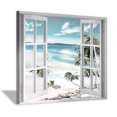 Hardy Gallery Open Windows Canvas Wall Art Beach with Coastal Palm Graphic Artwork Print on Wrapped Canvas for Wall Decor24x18