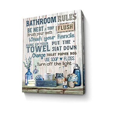 Parylore Rustic Bathroom Rules Sign Navy Blue Wall Art 12x16 inch Framed Modern Artwork for Toilet Laundry Room Decor