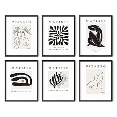 HAUS AND HUES Henri Matisse and Picasso Wall Art Set of 6 Prints and Posters Black Frame 8x10