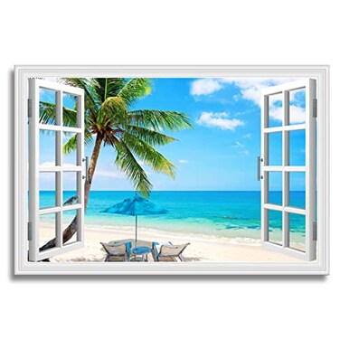 Woxfcart Beach Palm Tree Wall Art Ocean Scene Picture with Window Prints for Blue Teal Living Room Decor 36 x 24