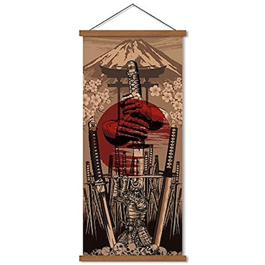 WEROUTE Japan Wall Art Armor Samurai Sword Poster Print On Canvas Skeleton Oriental Art Decoration Wood Framed To Hanging 16X35