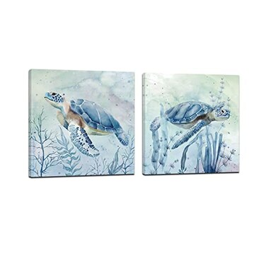Zessonic Sea Turtle WallArt for Bathroom Decor 2 Panel Set of 12 x 12 Inch Teal Sea Turtle with Seagrass Prints