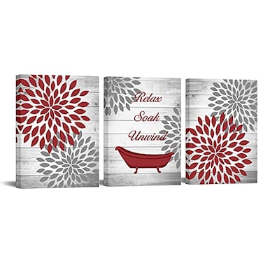 FuShvre Red Bathroom Decor Burgundy Wall Art Pictures Grey and Red Floral Canvas Prints Accessories with Relax Soak Unwind Framed 12x16x3pcs