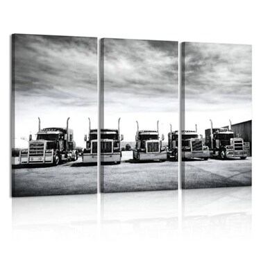 HABEN ARTWORK Trucks Convoy California Black And White Print On Canvas Wall Artwork Modern Photography Home Decor Unique Pattern Stretched and Framed 3 piece