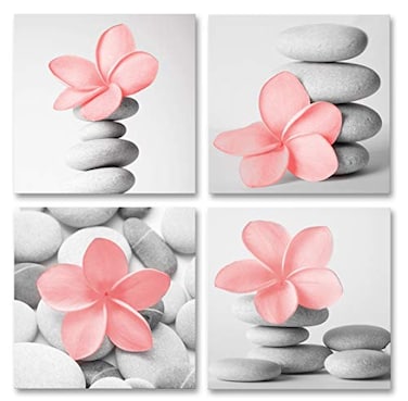 Genius DecorModern Wall Art Flowers and Pebble Stone Spa Pictures Canvas Art Grey DecorBlush