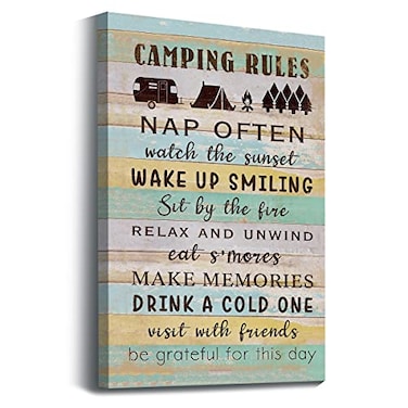 Znzd Camping Rules Wood Grain Pattern Wall Art Prints Artwork Decor for Camper Themed Canvas Wall Art Prints RV Outdoor Living Room Home Decorations11x14
