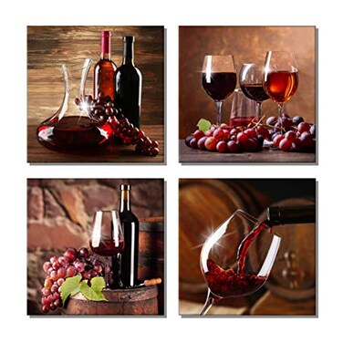 Soniuiug Red Grape Wine Wall Art Still Life Poster Fruit Goblet Canvas Painting Decorations for Dining Room Salon Bar Office Home Decor12x12x4pcs Framed