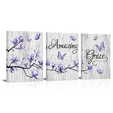 Visual Art Decor Amazing Grace Abstract Flowers and Butterfly Wall Art Purple Canvas Framed Artwork for Bathroom Bedroom Home Office Decoration