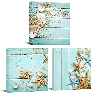 Nachic Wall Seashell Canvas Wall Art Starfish Pictures Wall Decor Modern Sea Ocean Painting on Canvas Bathroom Decoration Framed Ready to Hang