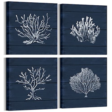 HOMEOART Coral Canvas Wall Art Prints Ocean Navy Blue Coastal Artwork Beach Home Decor Picture Framed Ready to Hang 12x12x4 Pieces