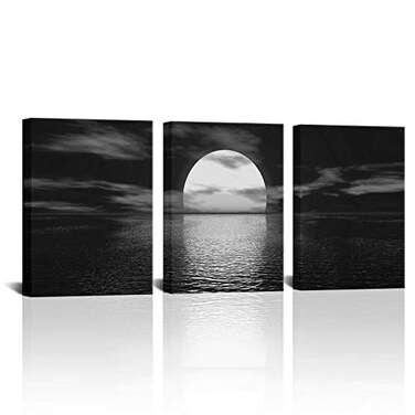 SkenoArt 3 Piece Black and White Bathroom Canvas Wall Decor Ocean Under Moonlight Painting Print Full Moon Seascape Picture Artwork for Home Bedroom Living Room Wall Decor Easy to Hang 12x16x3 PCS