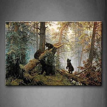 First Wall Art Black Bear Wall Art Bears Play in Forest Broken Tree Canvas Painting The Picture Print On Canvas Animal Pictures for Home Decor Decoration Gift