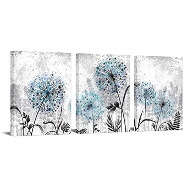 RnnJoile Blue Dandelion Wall Art Set 3 Pieces Grey Abstract Flower Canvas Artwork 12x16 for Each