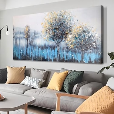 Arjun Large Canvas Wall Art for Living Room Landscape Bedroom Teal Painting Forest Textured Picture Modern Panoramic Nature Artwork Home Office Wall Decor 48x24