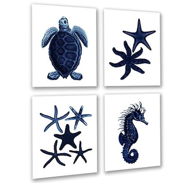 Gnosis Picture Archive Dark Navy Blue Beach Wall Decor Set of 4 Unframed Seahorse Starfish Beach Bathroom Art Prints