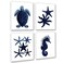 Gnosis Picture Archive Dark Navy Blue Beach Wall Decor Set of 4 Unframed Seahorse Starfish Beach Bathroom Art Prints