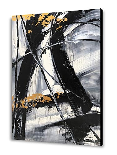 Yihui Arts Hand Painted Abstract Wall Art Black White Gray with Gold Accents Dynamic Mysterious Canvas Painting for Home Decor