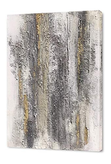 Yihui Arts Hand Painted Abstract Wall Art Gray White with Gold Foil Textured Canvas Painting