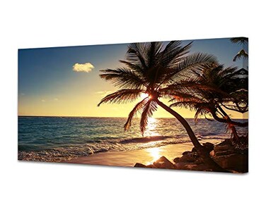 Muolunna S04950 Wall Art Decor Large Canvas Print Picture Sunset Ocean Beach Waves 1 Panel Coconut Tree Scenery Modern Painting Artwork for Office Home Decoration Stretched and Framed Ready to Hang