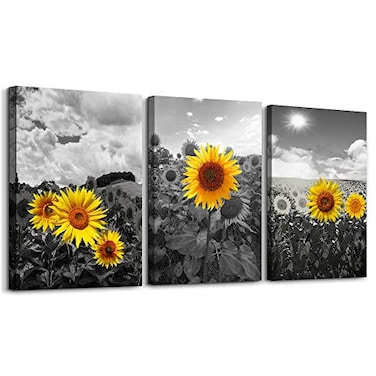hyidecorart Canvas Wall Art Family Wall Decor Kitchen Bedroom Black White Pastoral Scenery Sunflower Flowers 16x12 3 Piece