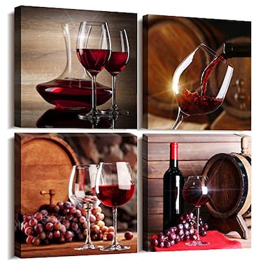 TTHYUEWS Canvas Wall Art For Kitchen Dining Room Wall Decor Wine Glass Wall Painting Still Life Wine Fruit Goblet Frame Wall Pictures Prints Artwork Bar Restaurant Decoration Home Decor 4 Piece Set