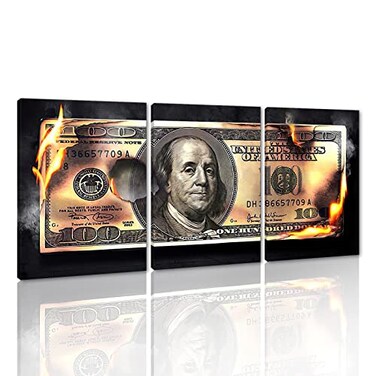 Yatsen Bridge Money Wall Art 3 Panels 100 Dollar Bill Pictures Canvas Prints Art Modern Burning Dollar Posters Wall Decor Artwork Study Room Classroom Office Decor Framed Ready to Hang 12 W x 16H x 3p