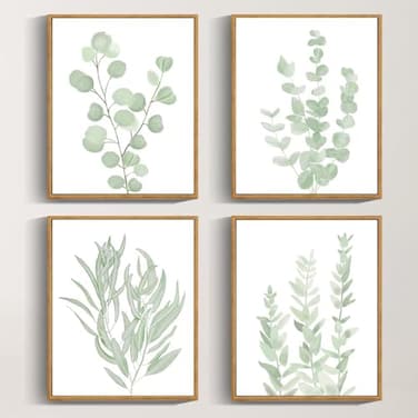Drsoum Framed Botanical Plant Canvas Wood Wall Art Light Green Sage Wall Decor Eucalyptus Leaf Picture for Bedroom Living Room Bathroom Office 8x 10 x 4pcs