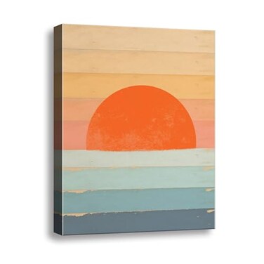 Ploceiny Boho Sun Wall Art Framed Canvas Wall Art Rainbow Sun Rising on the Horizon Geometric Nature Illustrations Line Art Wall MidCentury Modern Prints Boho Wall Decor for Living Room Bedroom Bathro