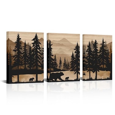 WELMECO Rustic Cabin Decor Bear Wall Art Framed Canvas Art Farmhouse Bedroom Bathroom Living Room Decor 12x16 x 3Pieces