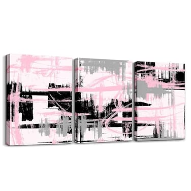 Feelyou Pink Black Grey Framed Canvas Wall Art Modern Stripes Office Decor for Living Room