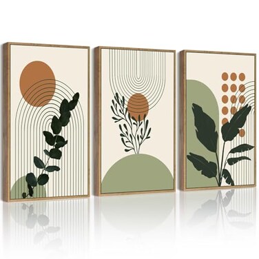 PHOPAGO Boho Plant Wall Art Green Botanical Bohemain Framed Wall Printing 11x14in Abstract Canvas Prints with Leaf Sun Lines Natural Framed