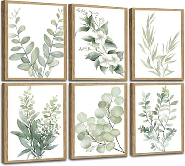 Induslyfe Framed Eucalyptus Sage Green Botanical Plant Wall Art Canvas Decor Set of 6 Leaves Prints Posters Flower Wall Art for Bathroom Bedroom Living Room 9x12