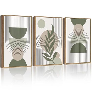 Drsoum 11x14in Boho Wall Art Green Sage Decor Framed Wood Modern Bohemian Abstract Geometry Canvas Prints Ready to Hang