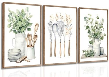 CCZ Boho Farmhouse Kitchen Wall Art Sage Green Plants Painting Pictures Dining Room Wall Decor Eucalyptus Leaves Green Botanical Poster Print Artwork for Farmhouse Kitchen Home Decor Unframed
