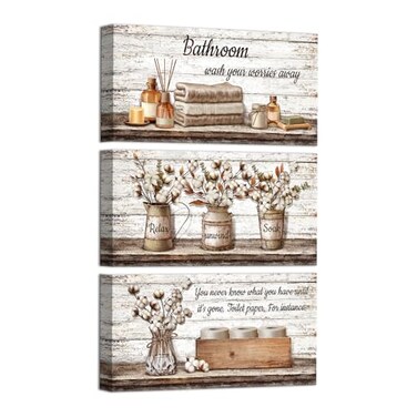 HOMEOART Farmhouse Bathroom Wall Decor Framed Canvas Art 6x12inch 3 Pieces Brown