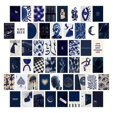 Wall67 Navy Blue Wall Collage Kits 50 Pcs 4x6 Inch Aesthetic Wall Art Prints Modern Navy Room Decor for Bedroom Living Room Office
