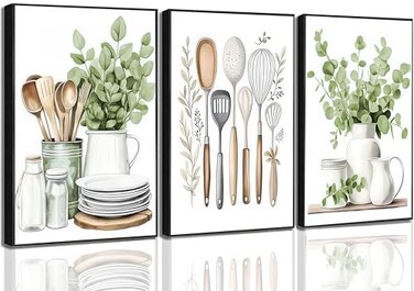 JJX 3 Pcs Sage Green Farmhouse Kitchen Canvas Wall Art Minimalist Dining Room Eucalyptus leaves plant Painting Pictures Wall Decor Poster Print Artwork For Dining Room kitchen Home Decoration Unframed