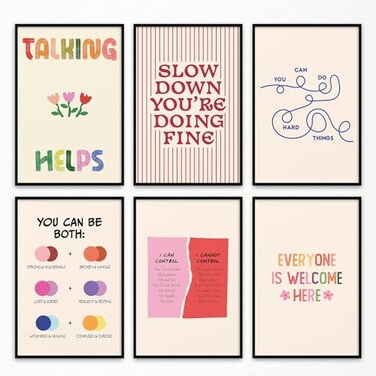 Yaasilinage 6pcs Mental Health Canvas Wall Art You Can Do Hard Things Positive Affirmations Poster Everyone Is Welcome Here Encouraging Print Circle of Control Therapy Office Wall Decor 8x12in Unframe