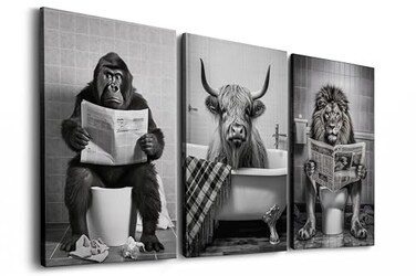 HomeHonor Funny Animal Canvas Wall Art Black and White Bathroom Decor Set of 3 Ready to Hang 12x16