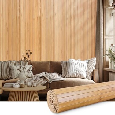 FONUNO Bamboo Wall Panel for Interior Decoration Bamboo Pole Wrap Roll Natural Wainscoting Paneling Decorative Wall Slat Covering for Living Room Bedroom Office 16 Inch x 96 Inch Carbonized