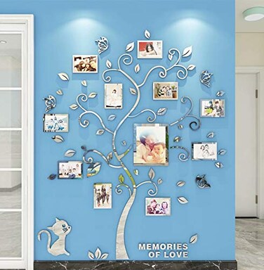 guangmu 3D Tree Wall Stickers Family Tree Wall Decor Black Trunk Picture Frame DIY Photo Frame Decals Family Frames Living Room Silver Medium
