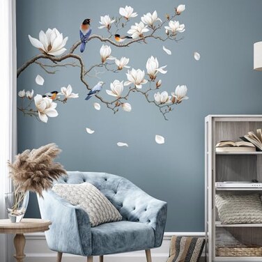 SHUCHING White Magnolia Tree Wall Decals Peel and Stick Trees Flowers Wall Decor Stickers White Branches Corner Wall ArtLeft