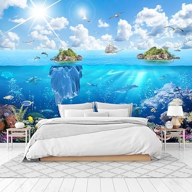 CliouarUnderwater World Sailboats Seagulls Dolphins Islands on the sea wall Mural wallpaper103 x 69Not Peel and Stick